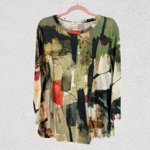 Jess & Jane Top Women XL Abstract Print Tunic 3/4 Sleeve Stretch USA Green Knit